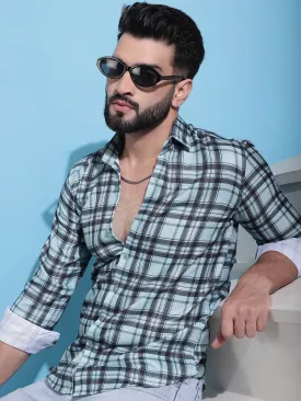 Green Checked Cotton Casual Shirt For Men