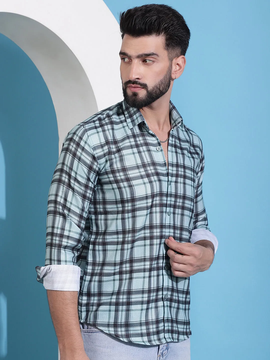 Green Checked Cotton Casual Shirt For Men