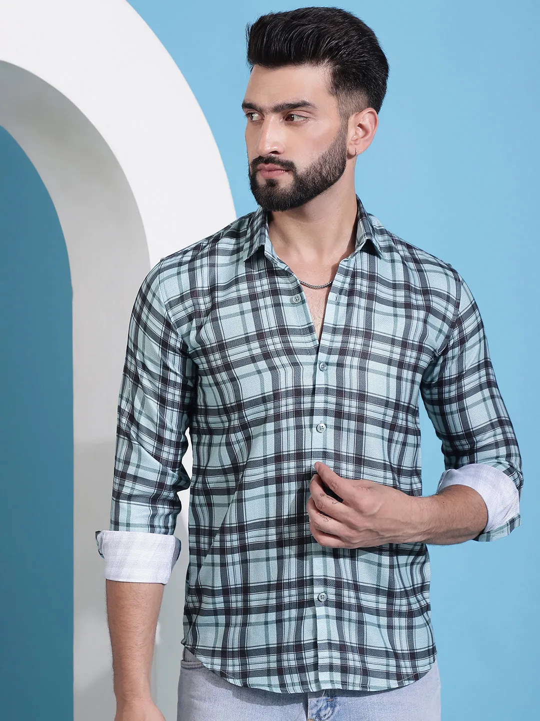 Green Checked Cotton Casual Shirt For Men