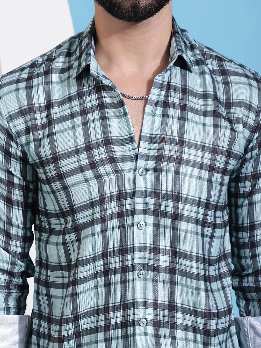Green Checked Cotton Casual Shirt For Men