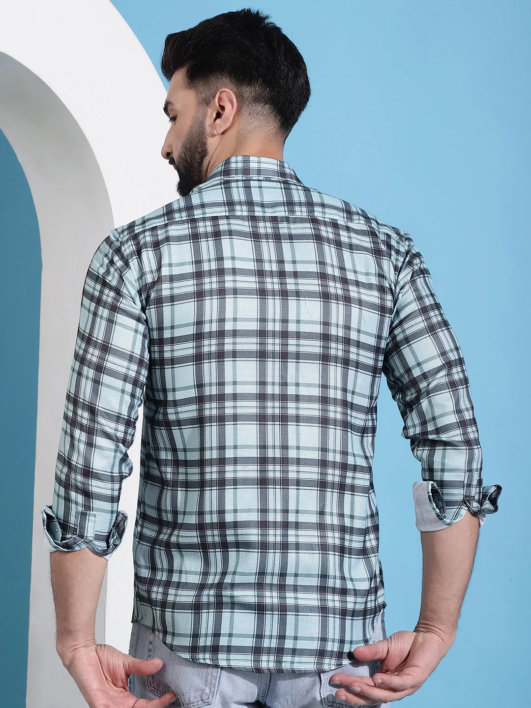 Green Checked Cotton Casual Shirt For Men