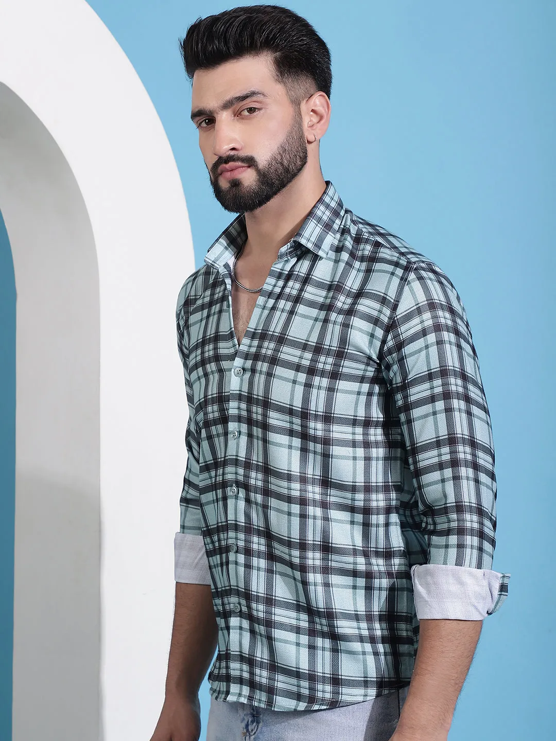 Green Checked Cotton Casual Shirt For Men