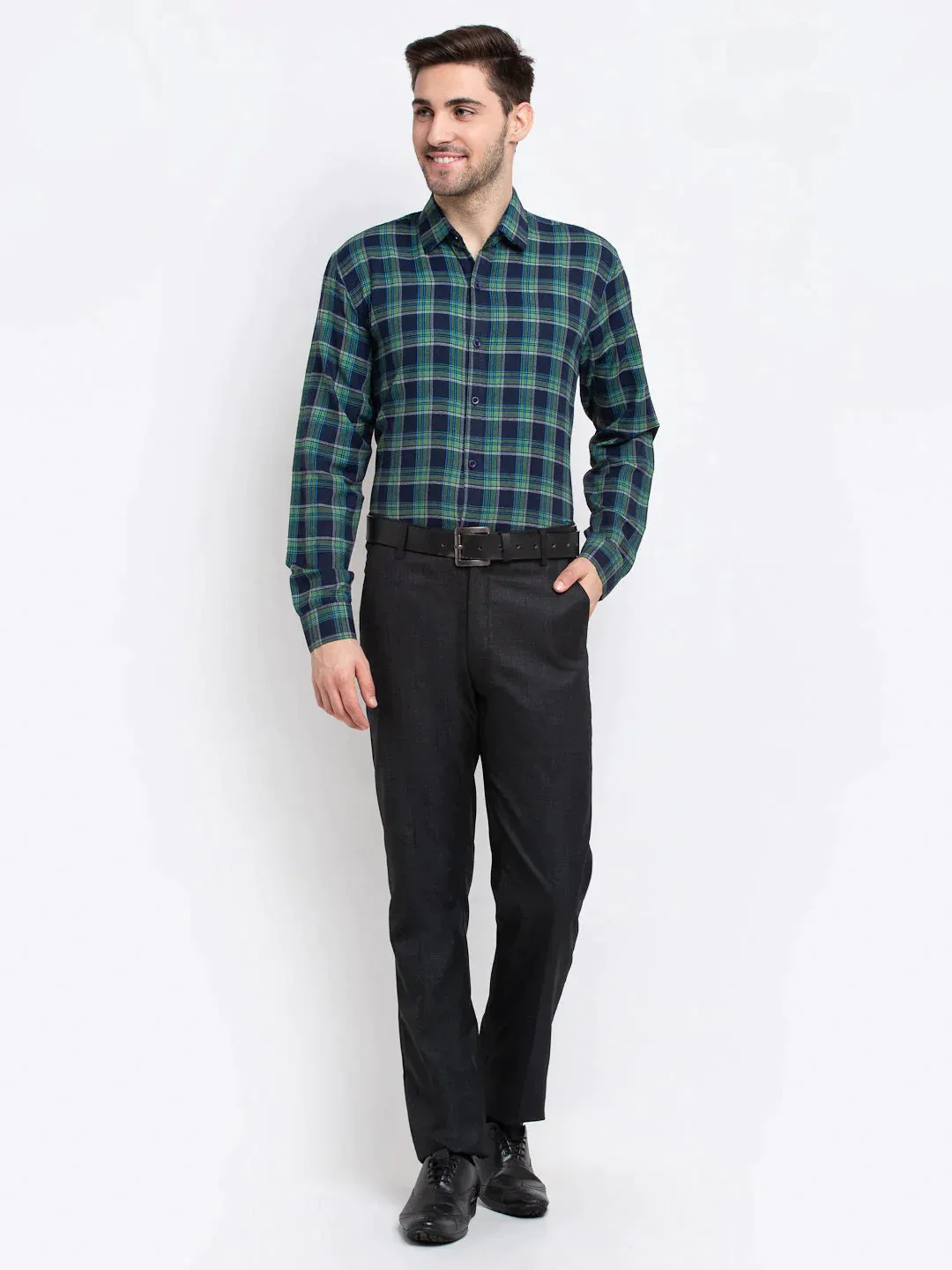 Green Men'S Checked Cotton Formal Shirt