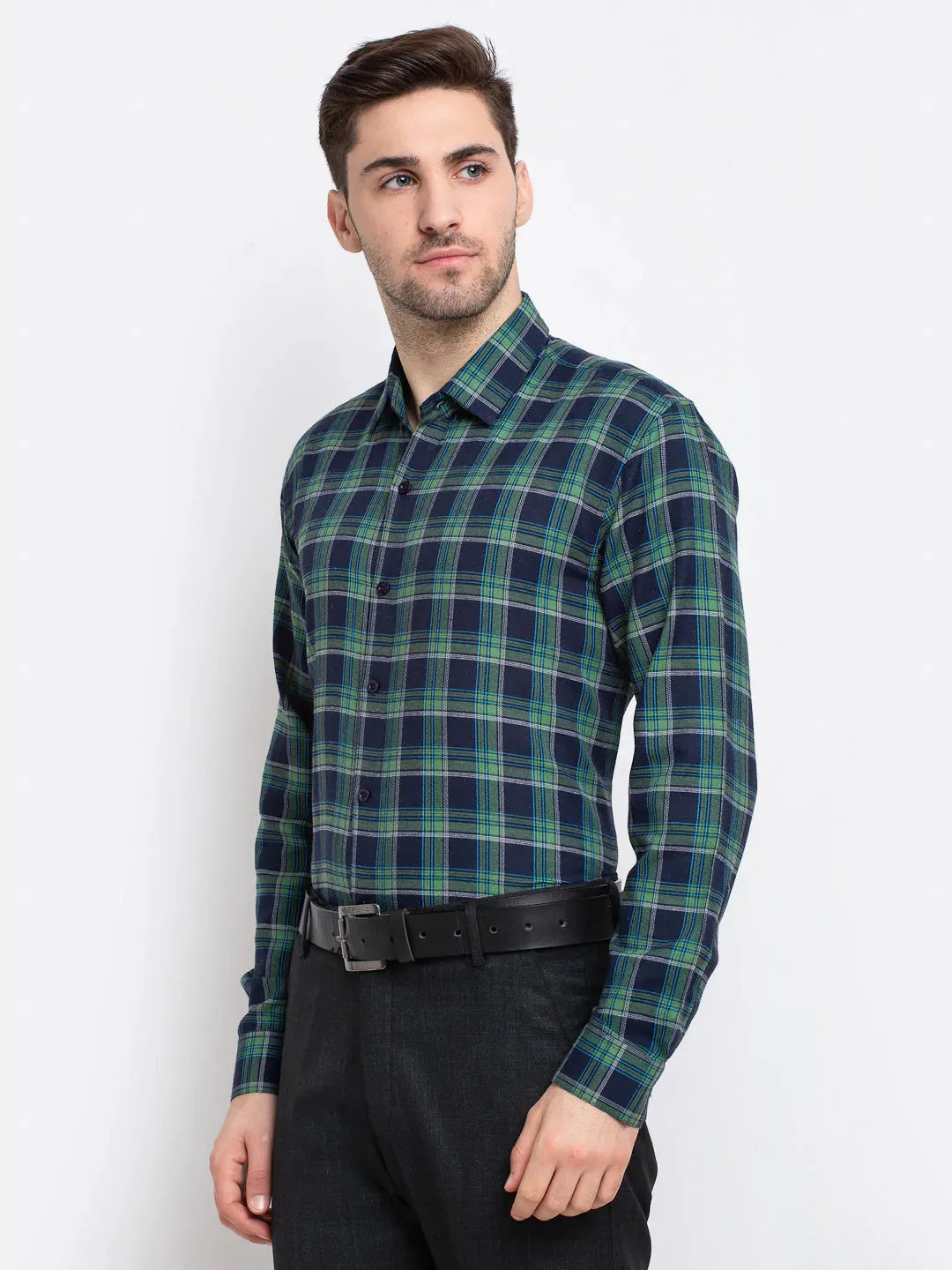 Green Men'S Checked Cotton Formal Shirt