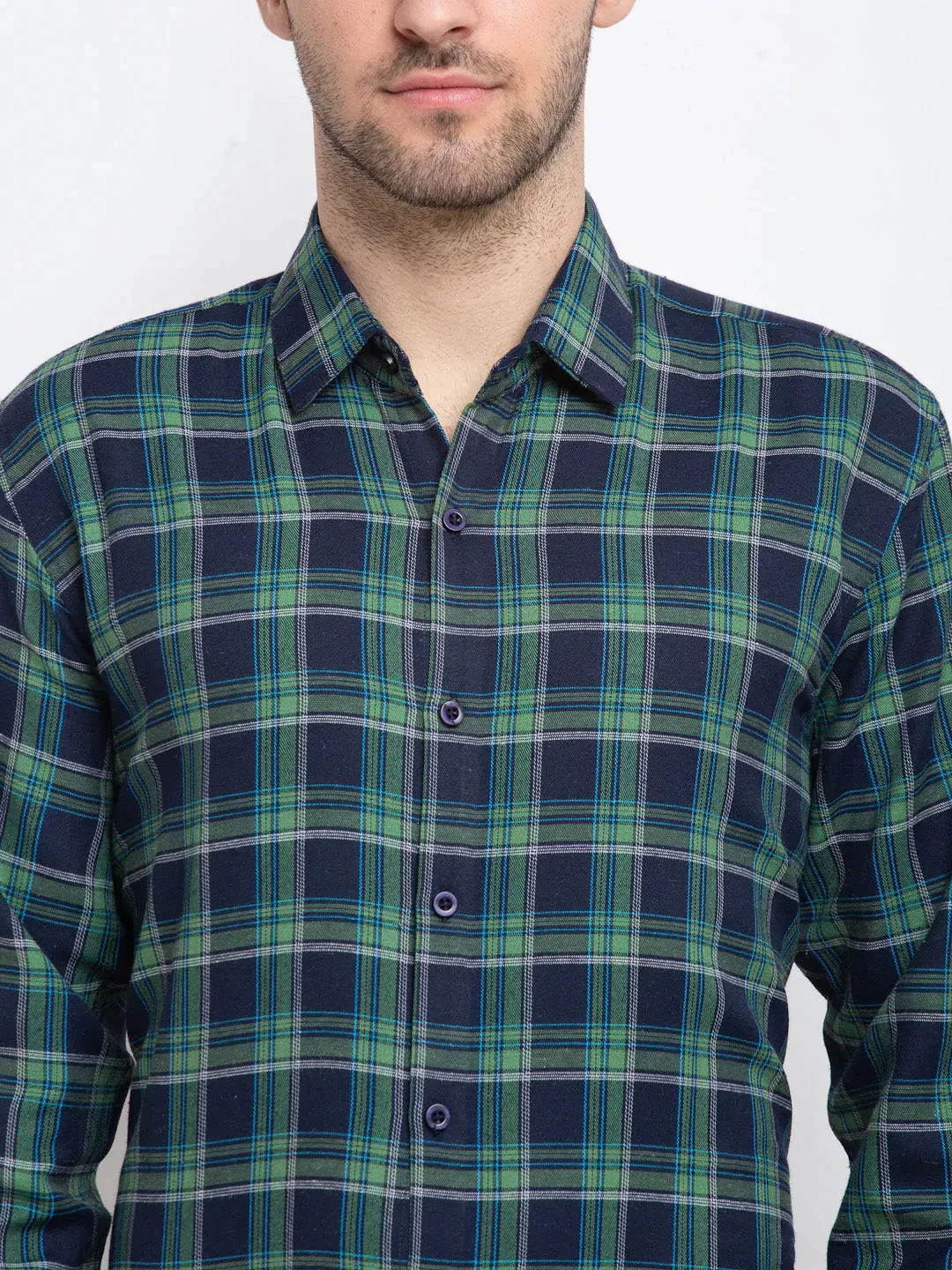 Green Men'S Checked Cotton Formal Shirt