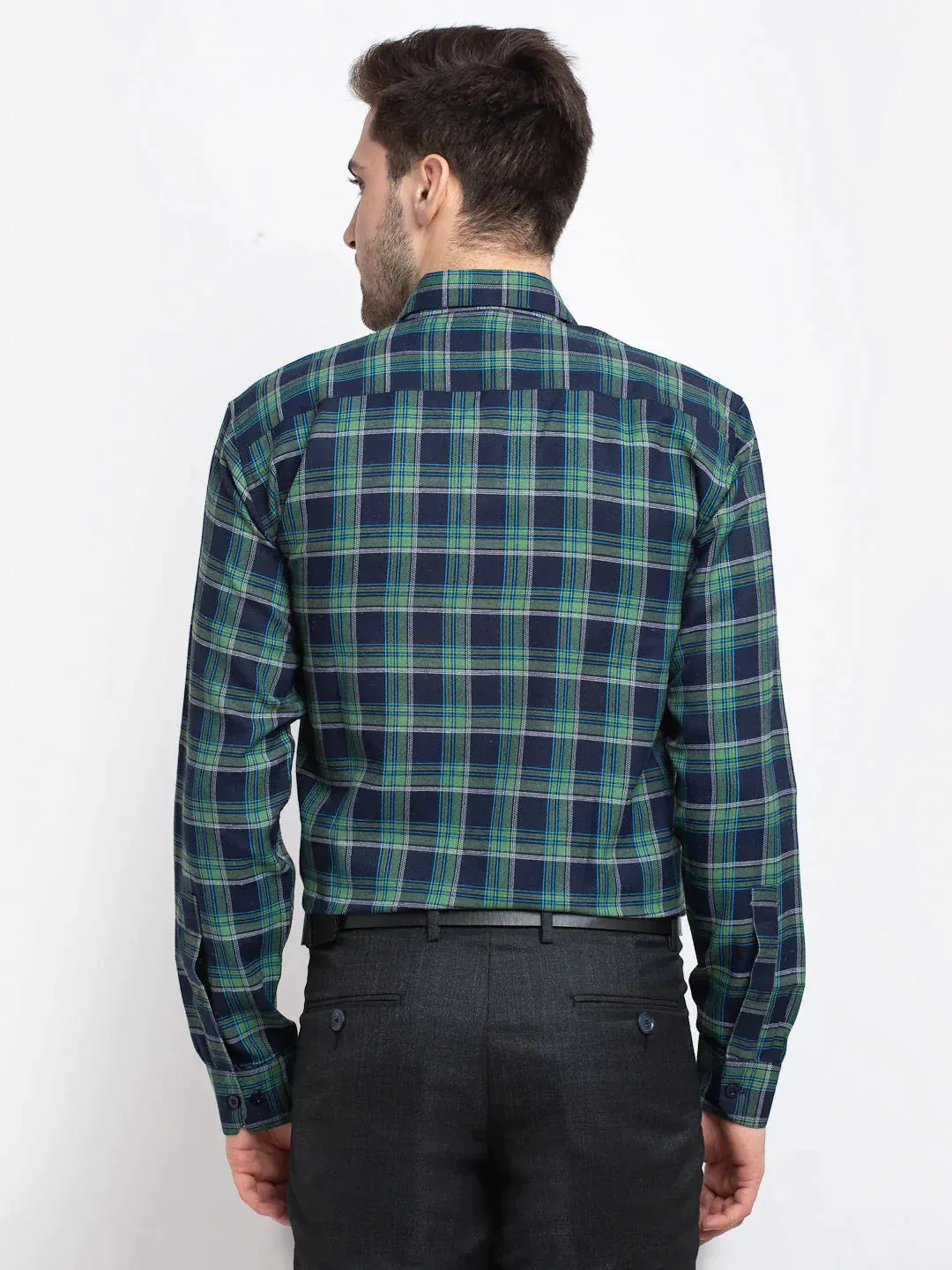 Green Men'S Checked Cotton Formal Shirt