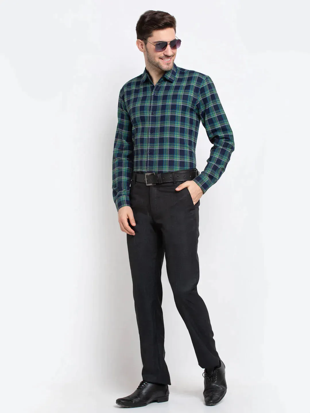 Green Men'S Checked Cotton Formal Shirt