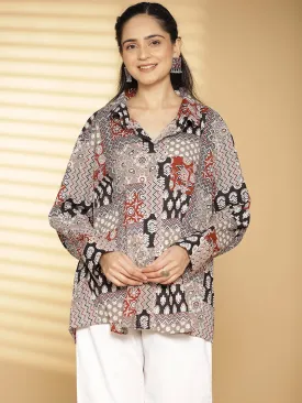 Grey CottonPrinted OversizedShirt