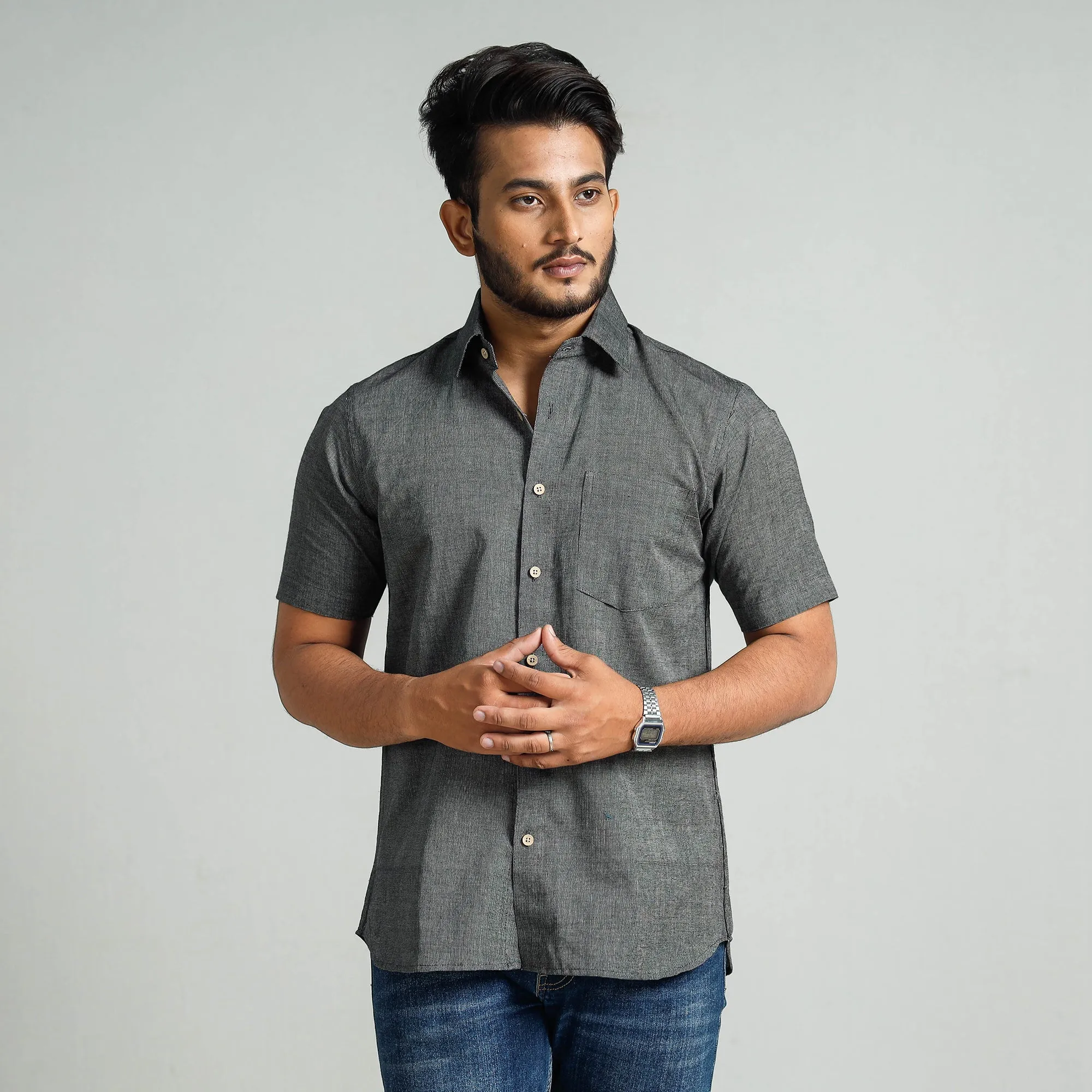 Grey Plain Handloom Cotton Men Half Sleeve Shirt