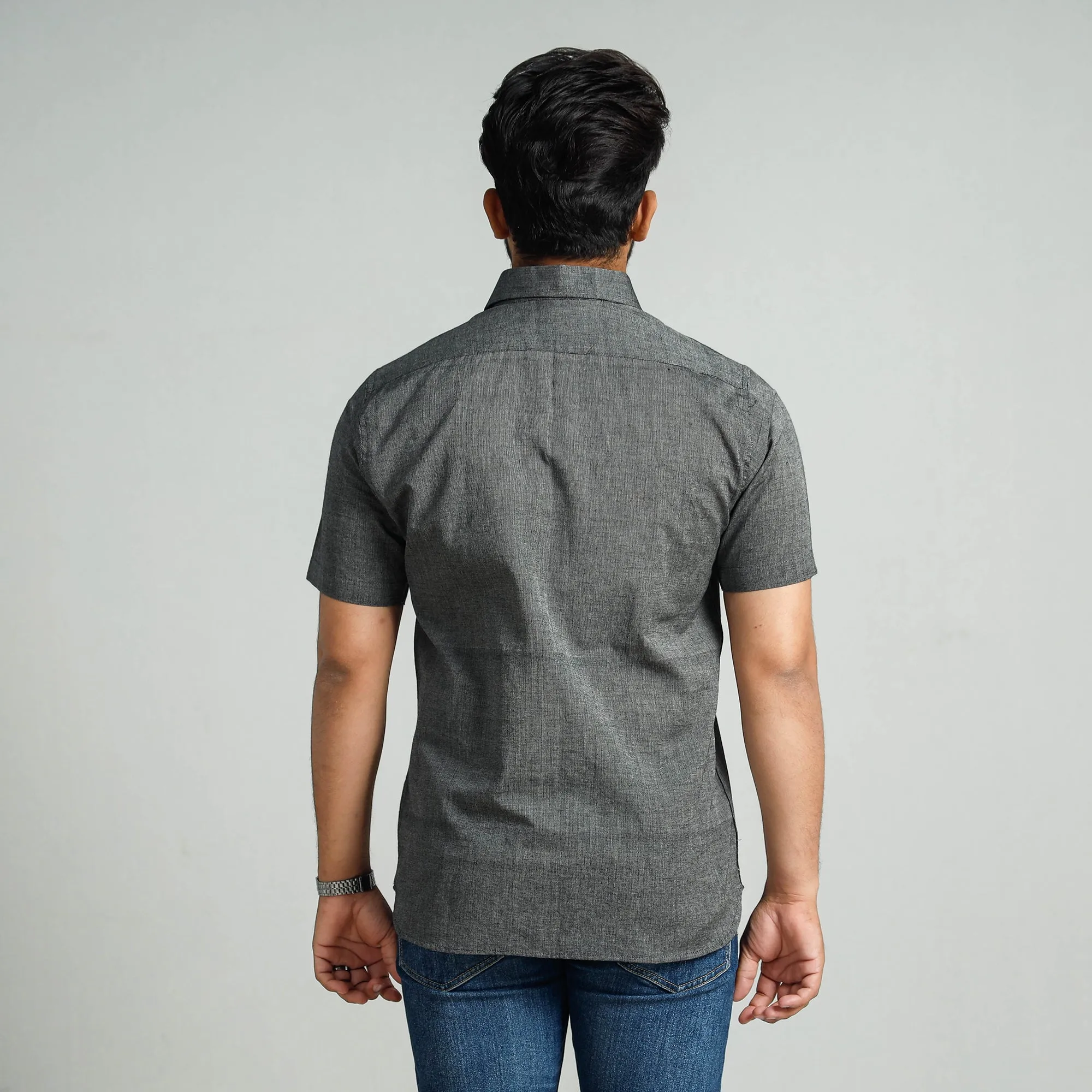 Grey Plain Handloom Cotton Men Half Sleeve Shirt