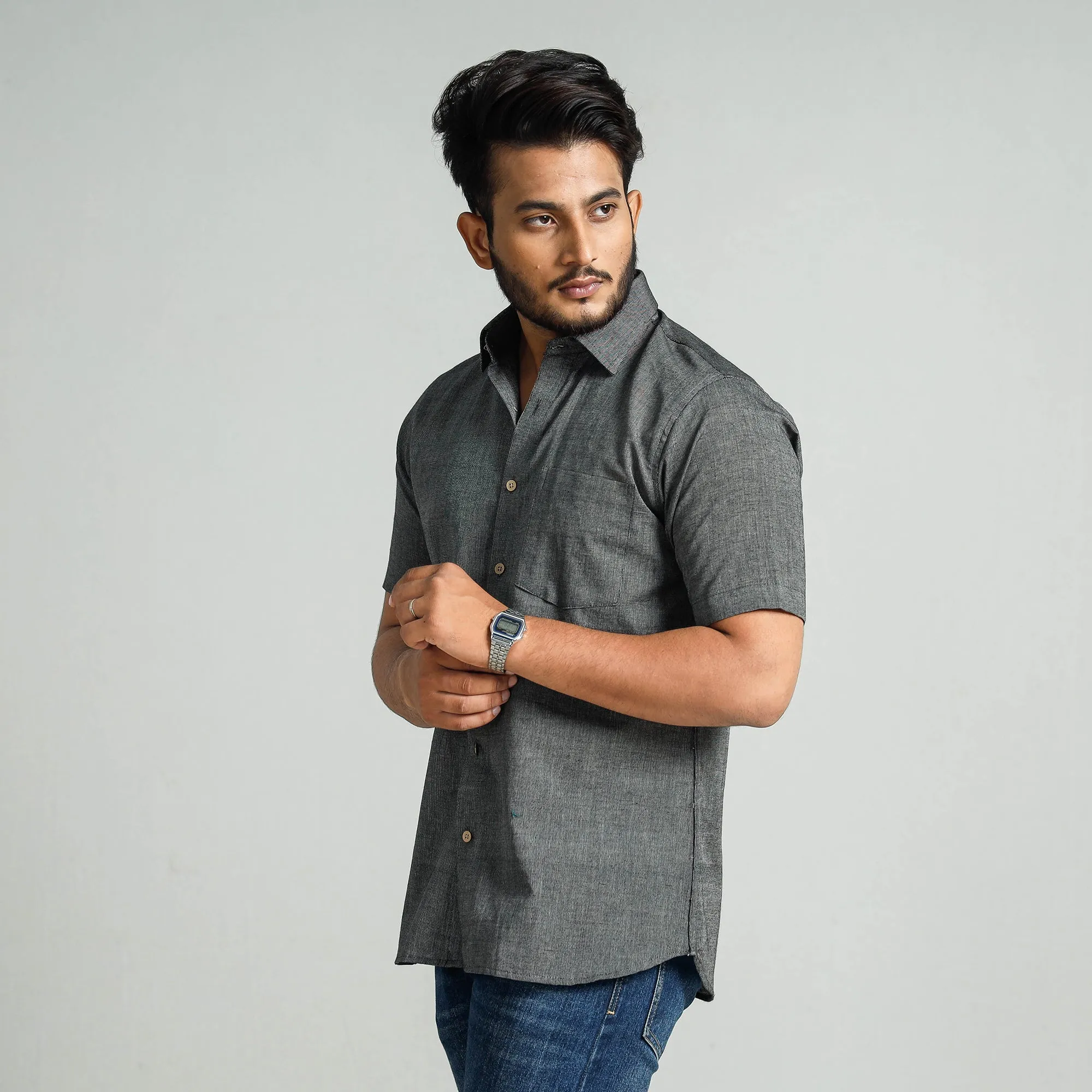 Grey Plain Handloom Cotton Men Half Sleeve Shirt