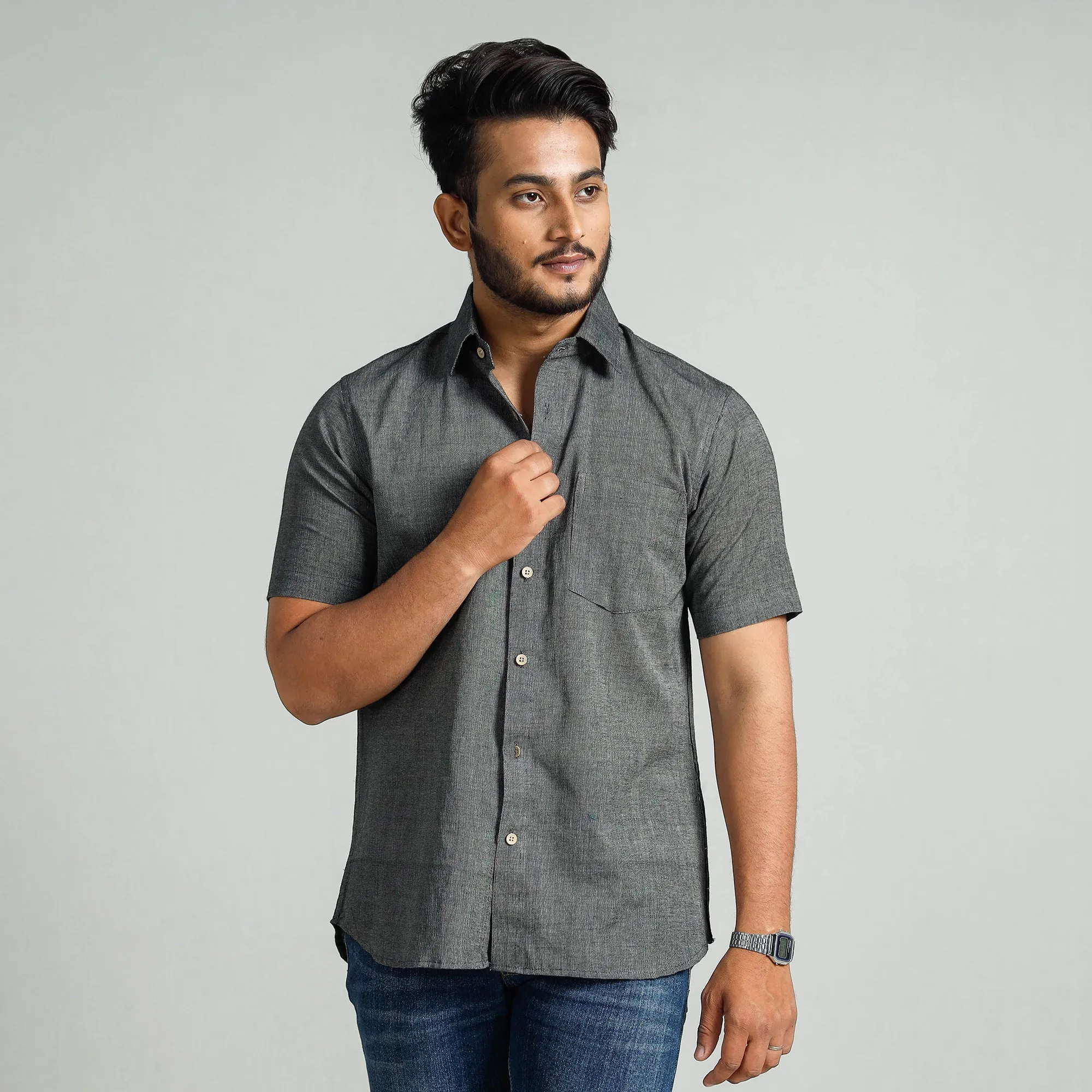Grey Plain Handloom Cotton Men Half Sleeve Shirt
