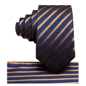 Hi-Tie Blue Gold Striped Children's Kids Boys Tie Pocket Square 6cm