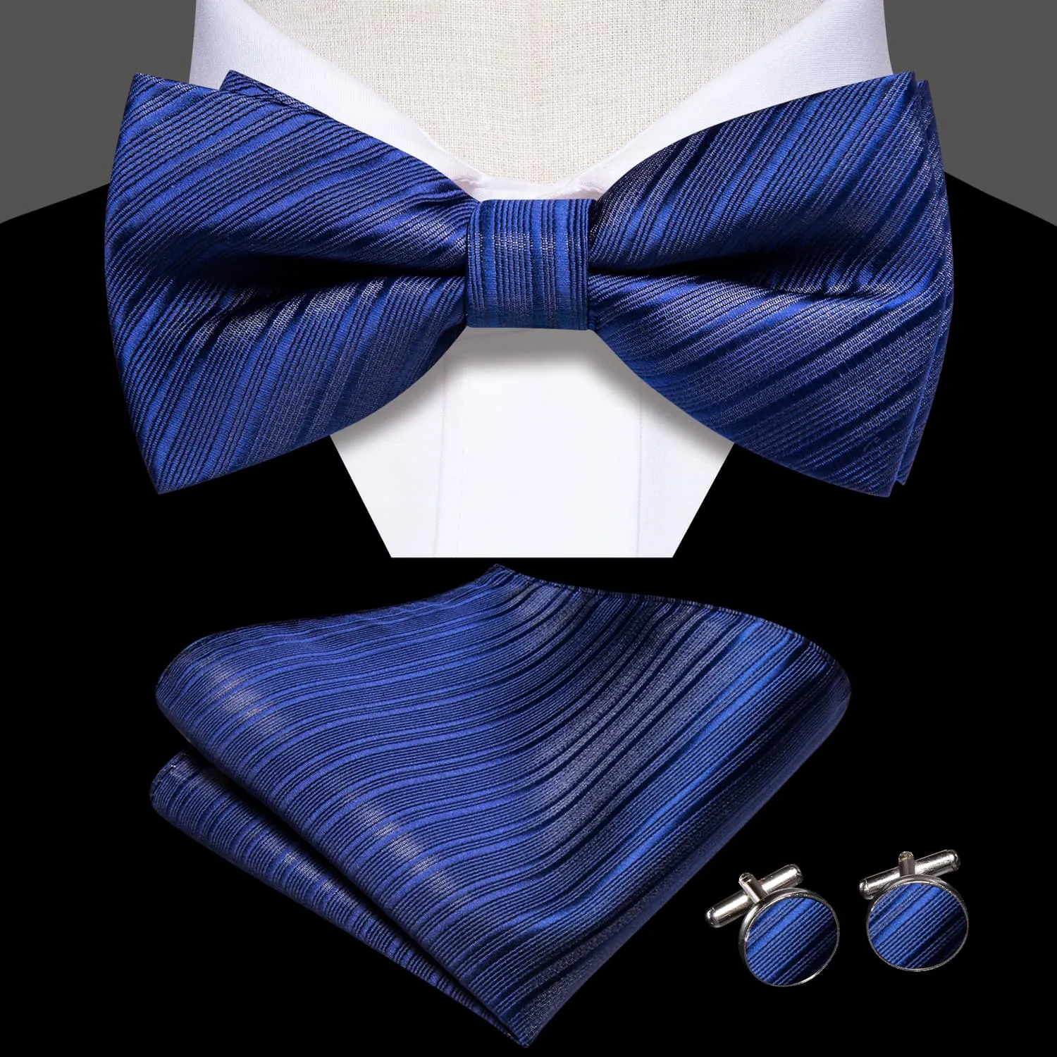 Hi-Tie Cerulean Blue Woven Striped Bow Tie Pocket Square Cufflinks Set