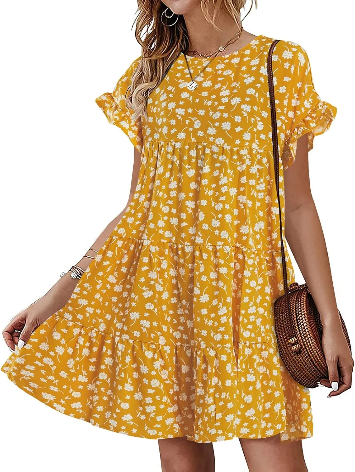 Imysty Womens Boho Floral Ruffle Sleeve Babydoll Loose Flowy Casual Summer Pleated Mini Dress