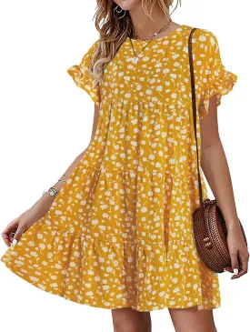 Imysty Womens Boho Floral Ruffle Sleeve Babydoll Loose Flowy Casual Summer Pleated Mini Dress