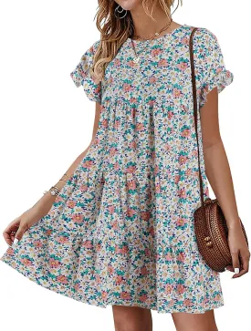 Imysty Womens Boho Floral Ruffle Sleeve Babydoll Loose Flowy Casual Summer Pleated Mini Dress