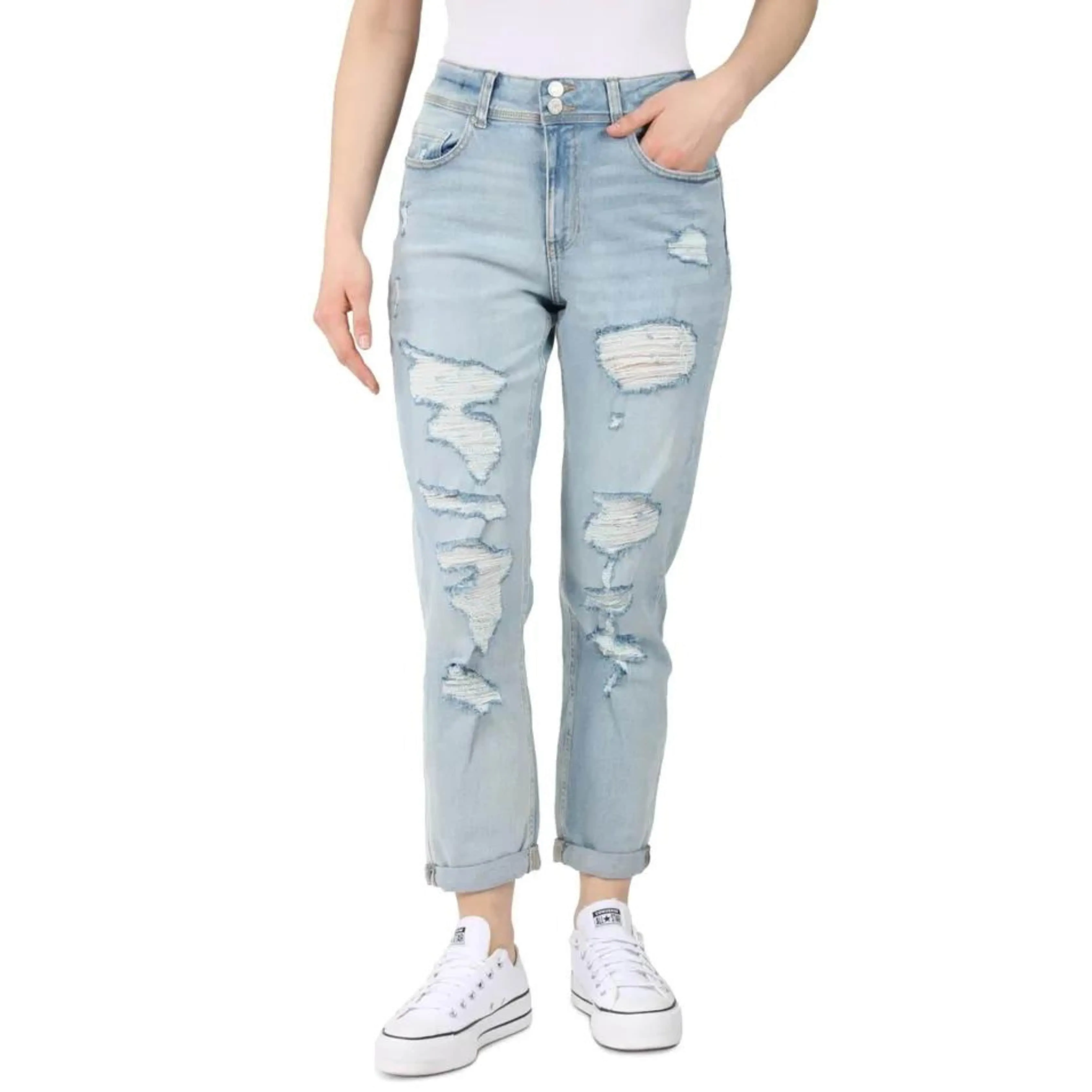 INDIGO REIN -  Destructed Double-Button Mom Jeans