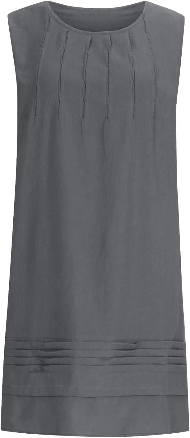 JOAU Cotton Linen Tank Dress for Women Pleated Summer Crewneck Sleeveless Sundress Beach Vacation Casual Knee Length Dresses