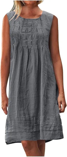 JOAU Cotton Linen Tank Dress for Women Pleated Summer Crewneck Sleeveless Sundress Beach Vacation Casual Knee Length Dresses