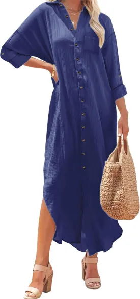 Kuraki Women's Casual Print Button Front Maxi Shirt Dress