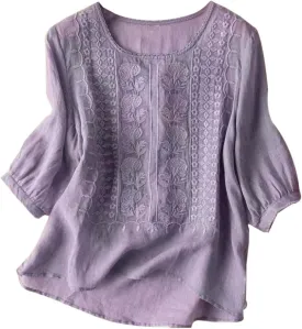 Ladies Fashion Leisure Spring Summer Literary Retro Loose Design Sense Embroidery Round Neck Thin Mesh Shirt Long