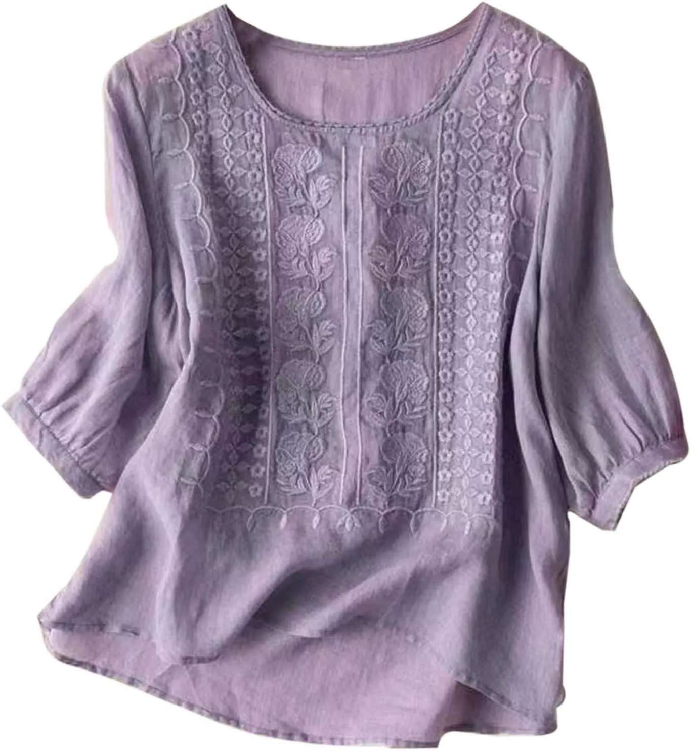 Ladies Fashion Leisure Spring Summer Literary Retro Loose Design Sense Embroidery Round Neck Thin Mesh Shirt Long