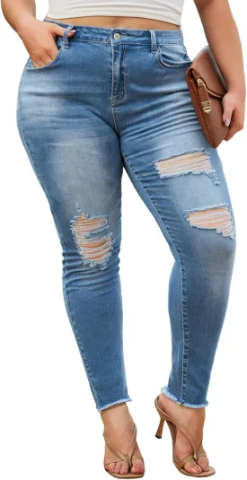 LALAGEN Women 2025 Plus Size Skinny Jeans Stretchy High Waisted Ankle Jean Destroyed Ripped Denim Pants 1X-5X