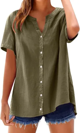 Linen Shirts for Women Solid Color Sleeve Collar Casual Women's Shirt Women's V Neck Button Down Blouse
