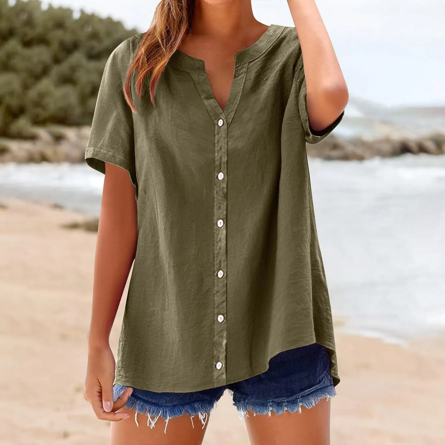 Linen Shirts for Women Solid Color Sleeve Collar Casual Women's Shirt Women's V Neck Button Down Blouse