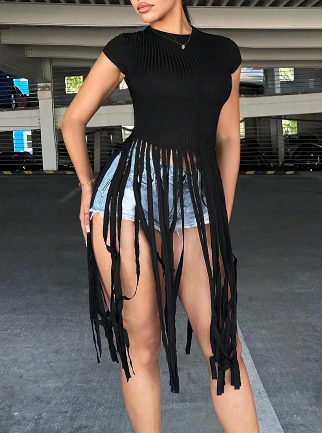 LovelyWholesale Women Sexy Cap Sleeve Fringe Tops Ribbed Knit Short Sleeve T Shirt