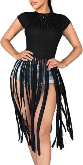 LovelyWholesale Women Sexy Cap Sleeve Fringe Tops Ribbed Knit Short Sleeve T Shirt