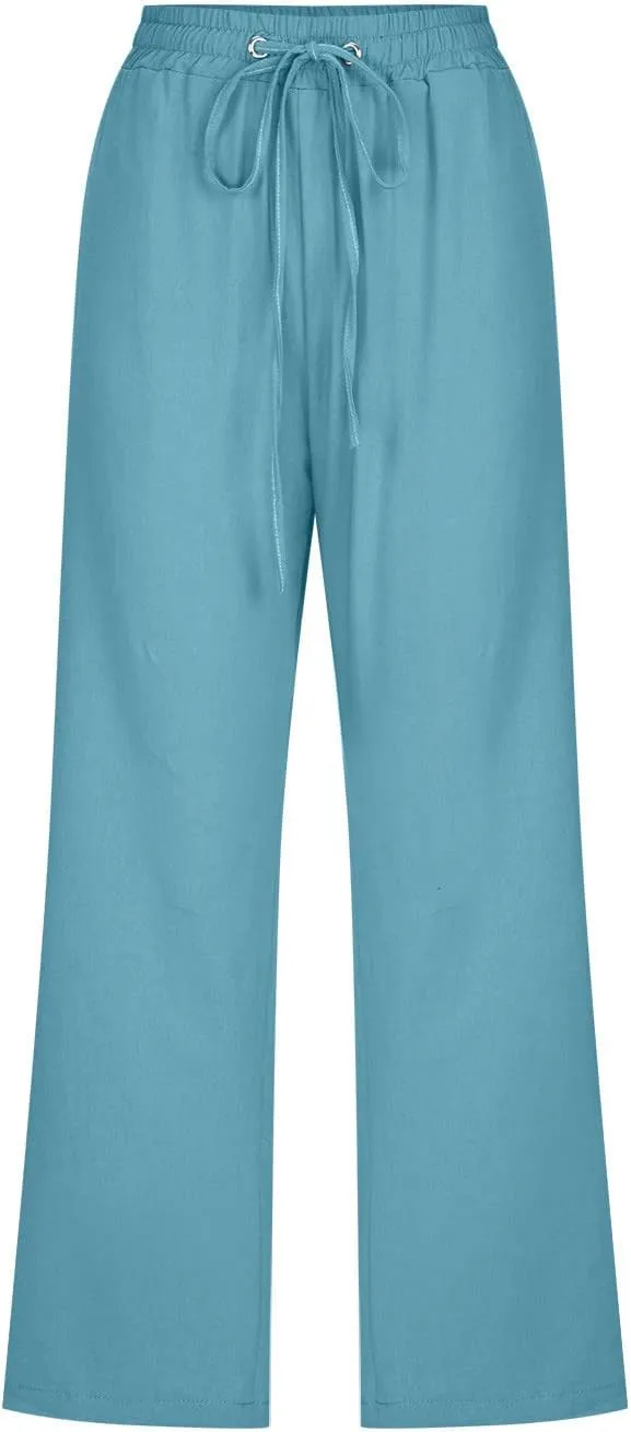 LRMQS Capri Pants for Women Casual Summer 2024 Drawstring Capris Linen Pants Pockets Beach Straight Wide Leg Cropped Trousers