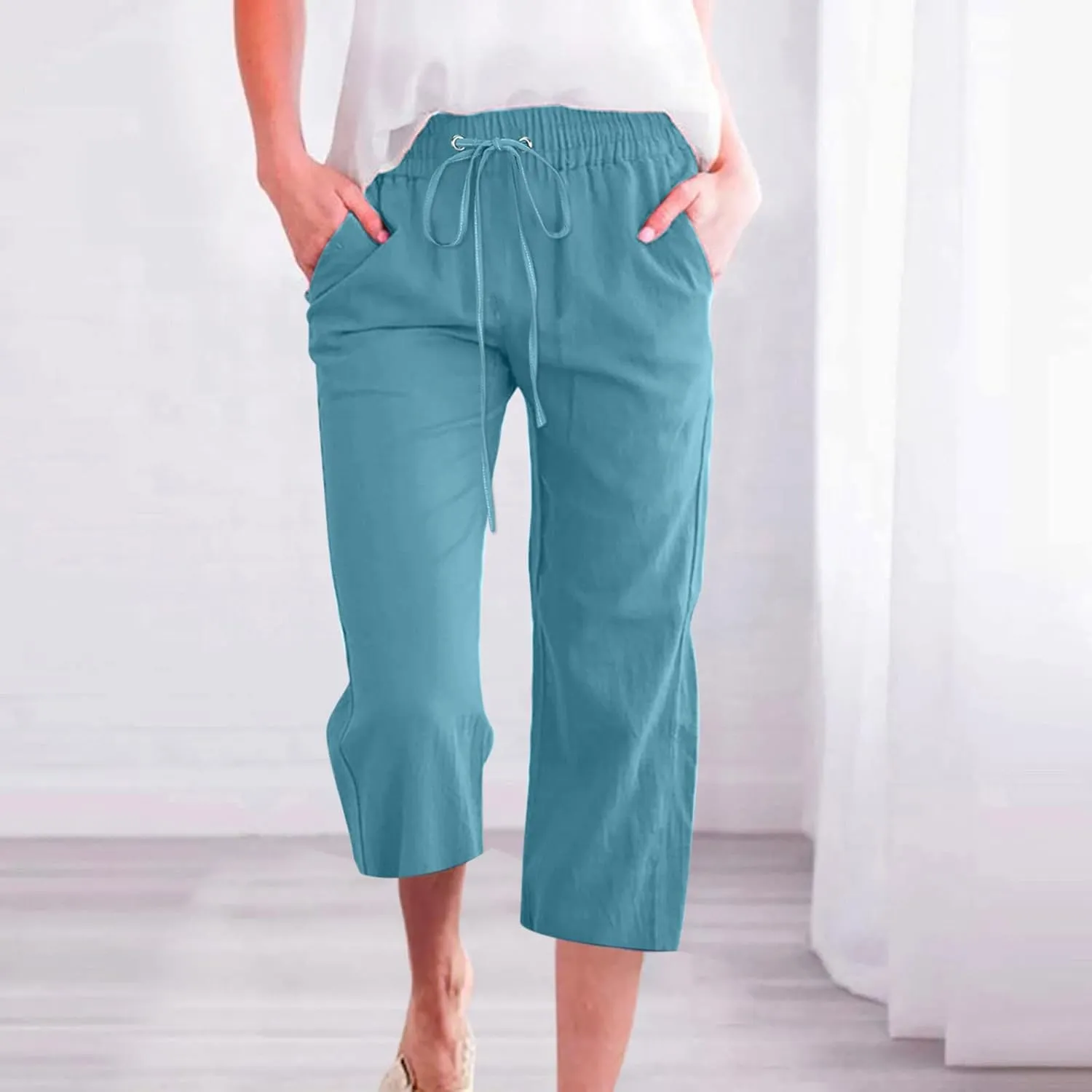 LRMQS Capri Pants for Women Casual Summer 2024 Drawstring Capris Linen Pants Pockets Beach Straight Wide Leg Cropped Trousers