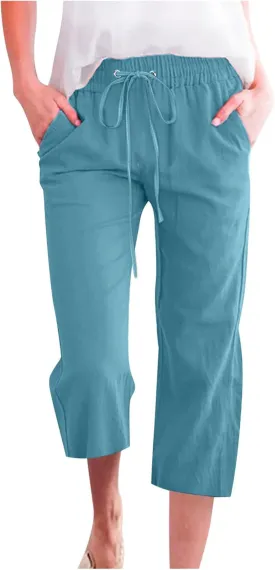 LRMQS Capri Pants for Women Casual Summer 2024 Drawstring Capris Linen Pants Pockets Beach Straight Wide Leg Cropped Trousers