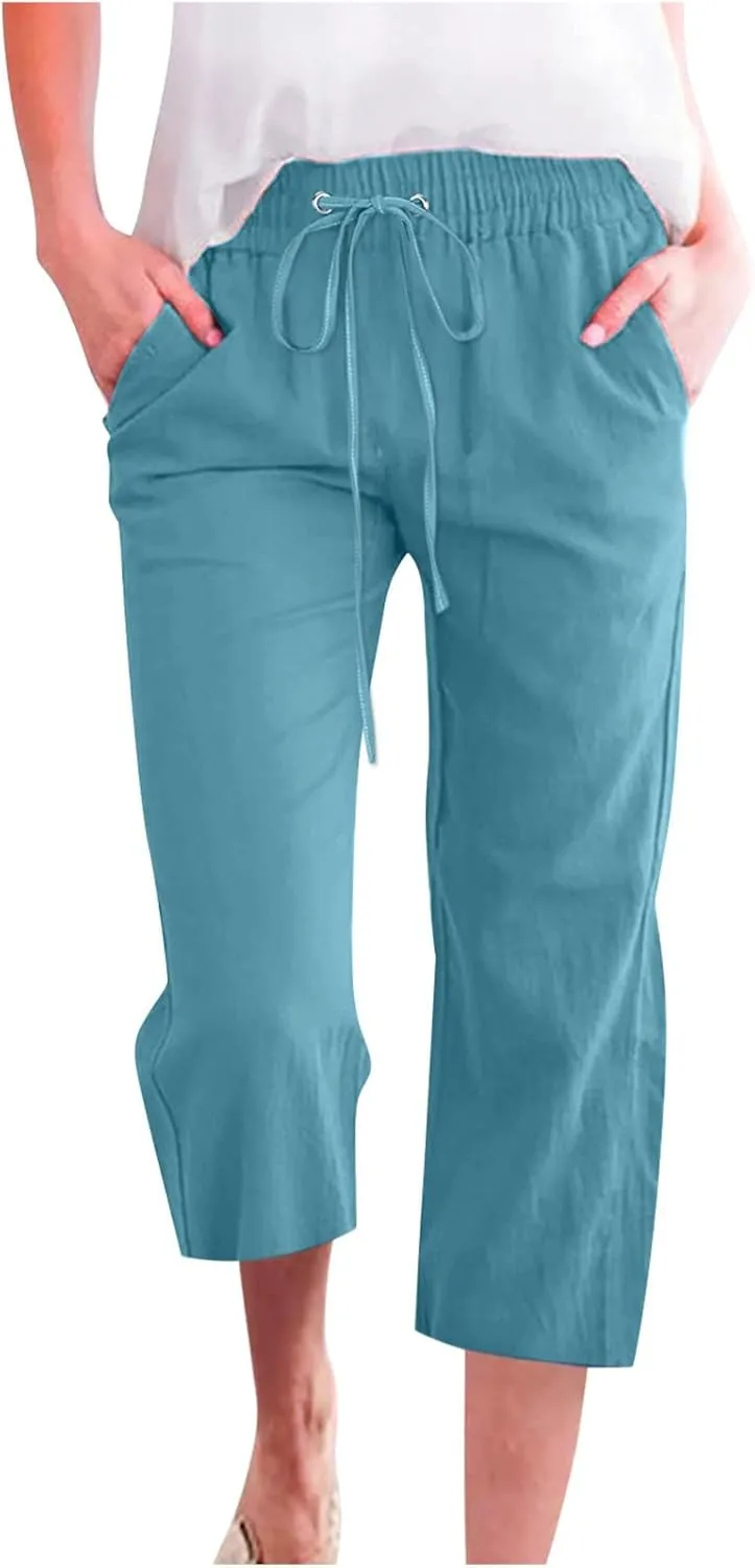 LRMQS Capri Pants for Women Casual Summer 2024 Drawstring Capris Linen Pants Pockets Beach Straight Wide Leg Cropped Trousers