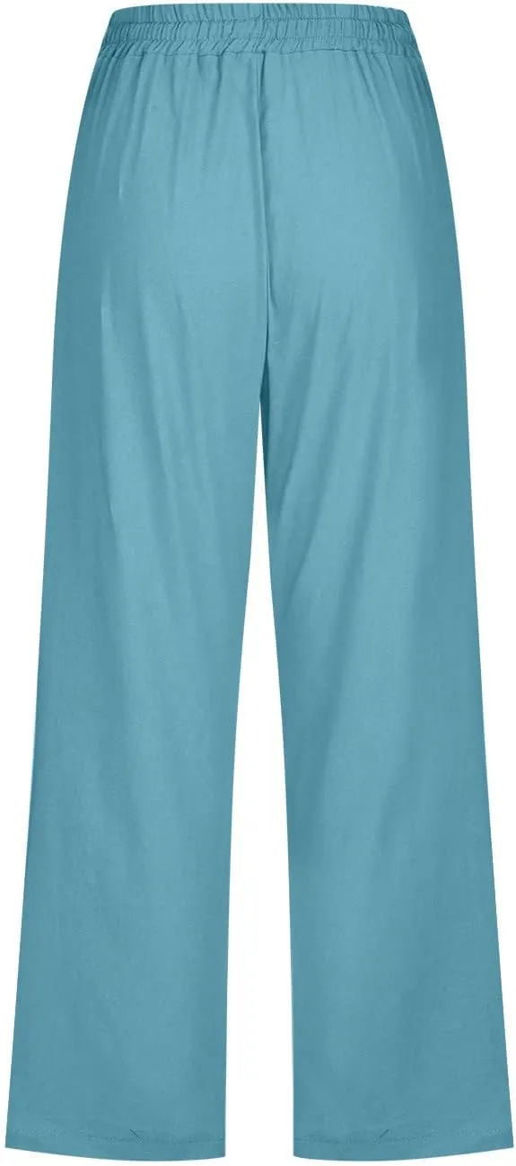 LRMQS Capri Pants for Women Casual Summer 2024 Drawstring Capris Linen Pants Pockets Beach Straight Wide Leg Cropped Trousers