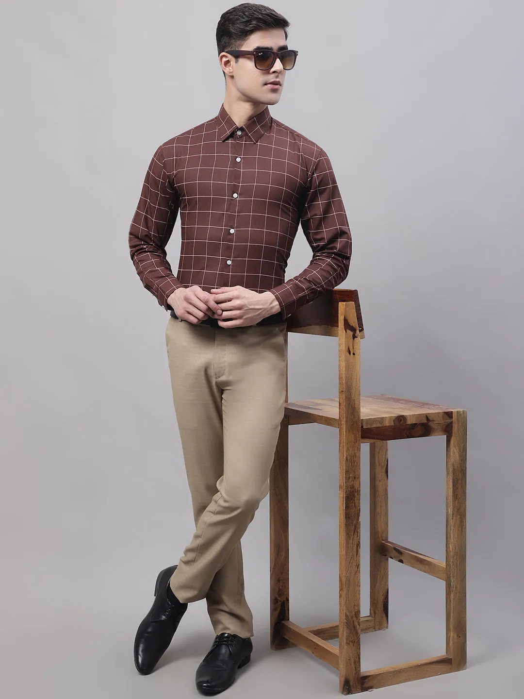 Men'S Brown Cotton Checked Formal Shirt