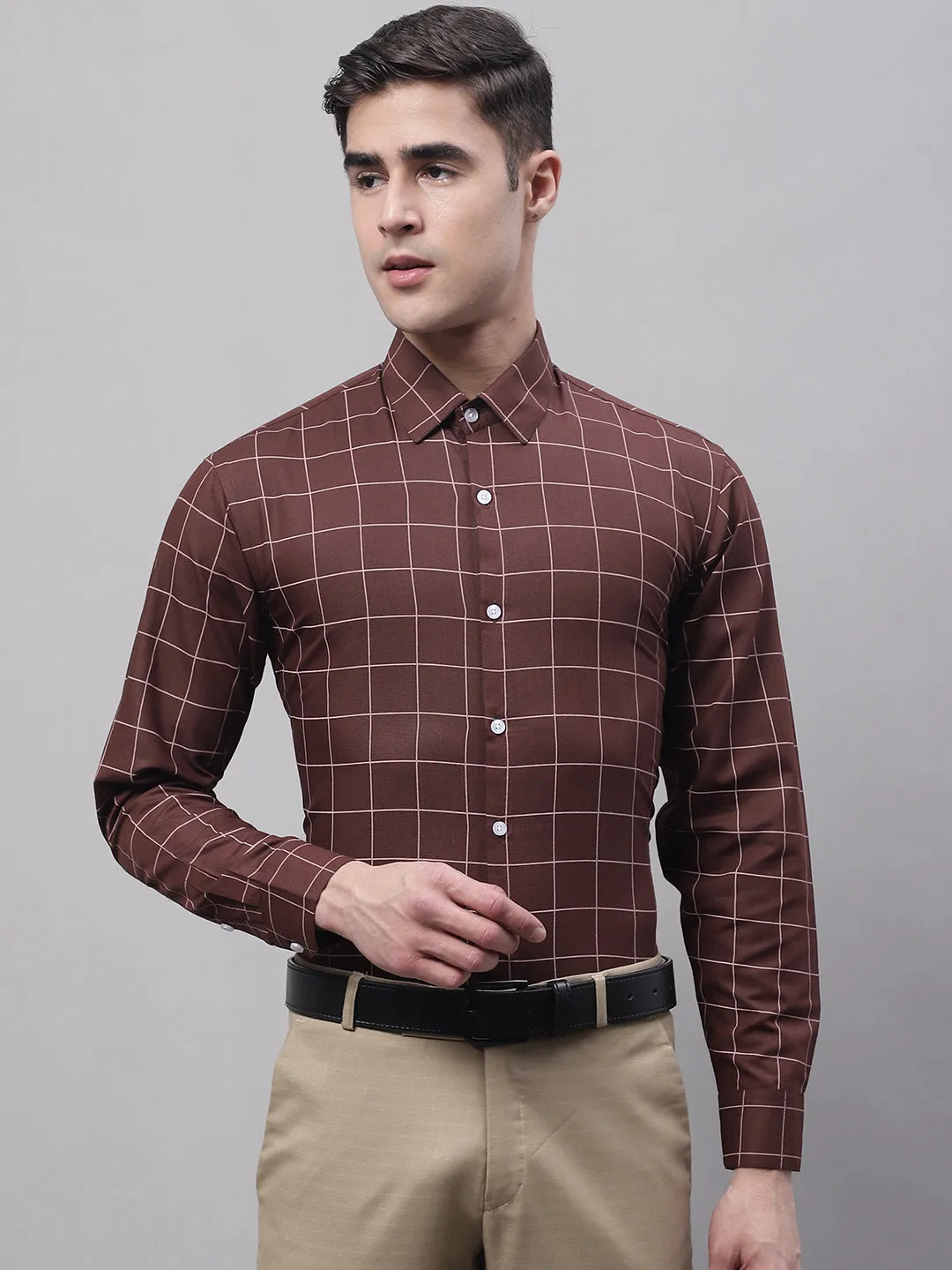 Men'S Brown Cotton Checked Formal Shirt