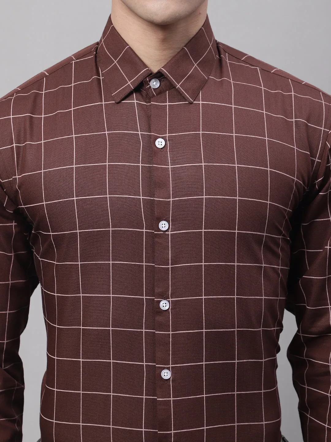 Men'S Brown Cotton Checked Formal Shirt