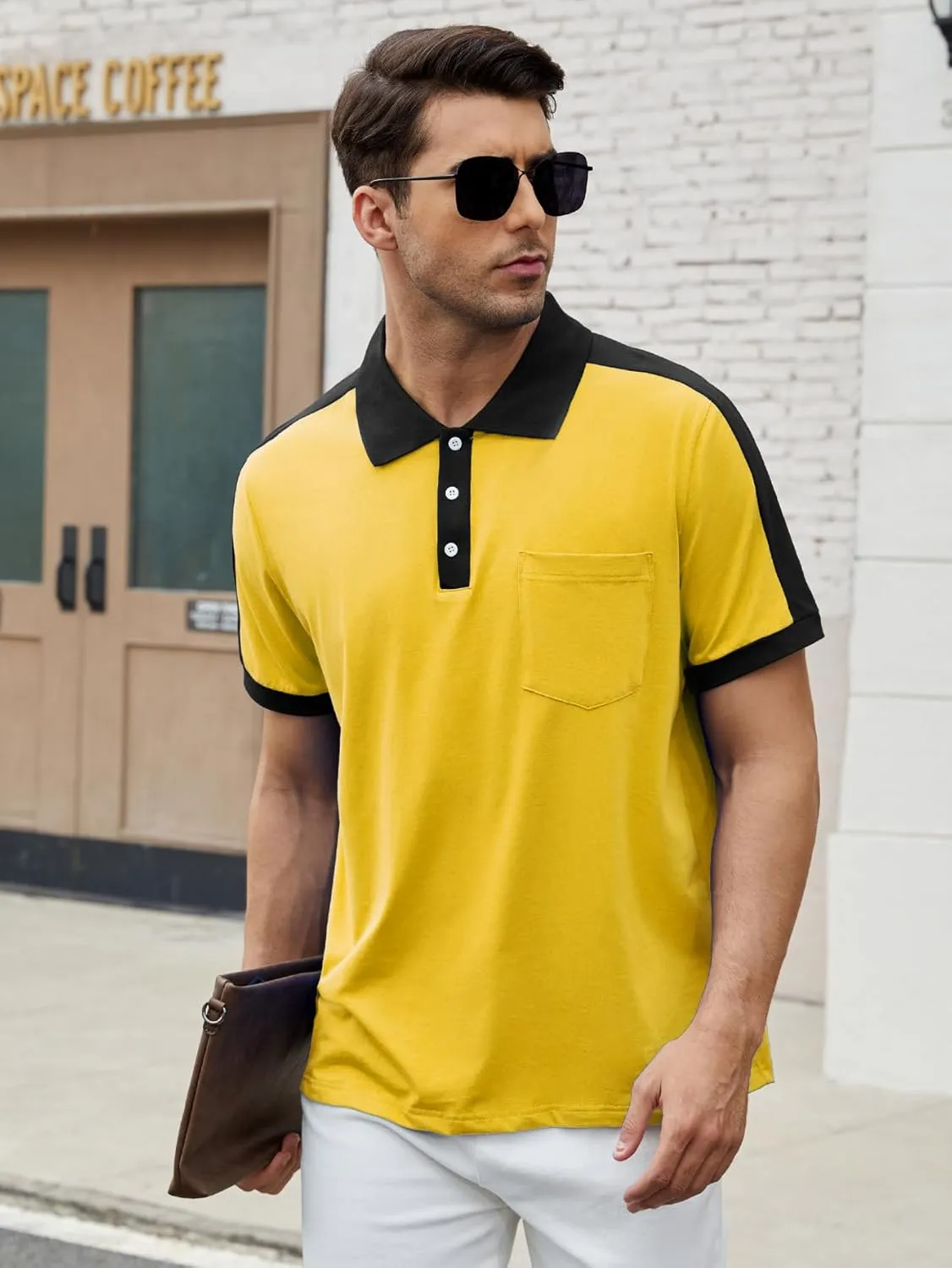 Men's Casual Polo Shirts Short Sleeve Classic Button Shirt Fashion Cotton Golf Tops with Pocket