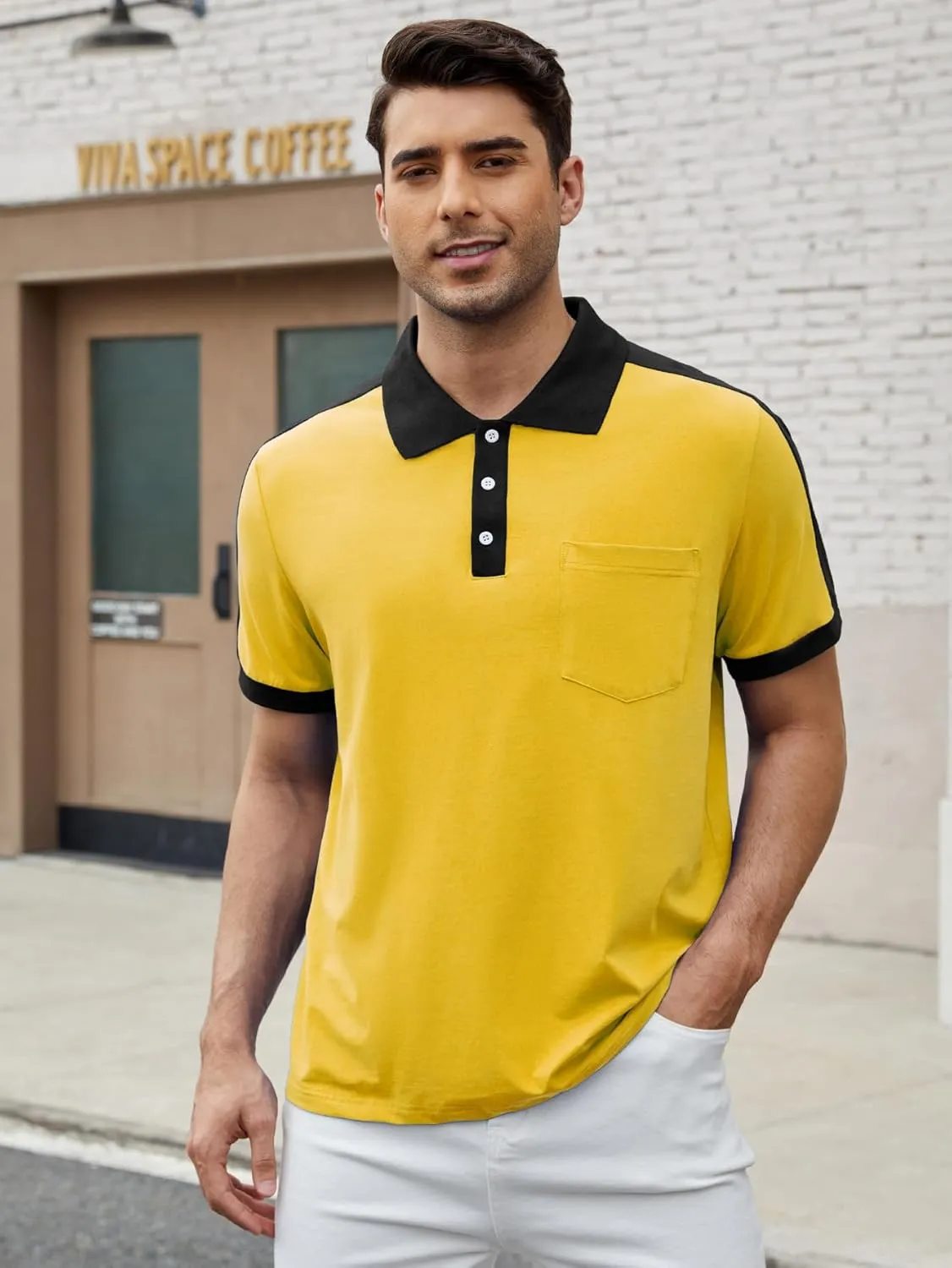 Men's Casual Polo Shirts Short Sleeve Classic Button Shirt Fashion Cotton Golf Tops with Pocket
