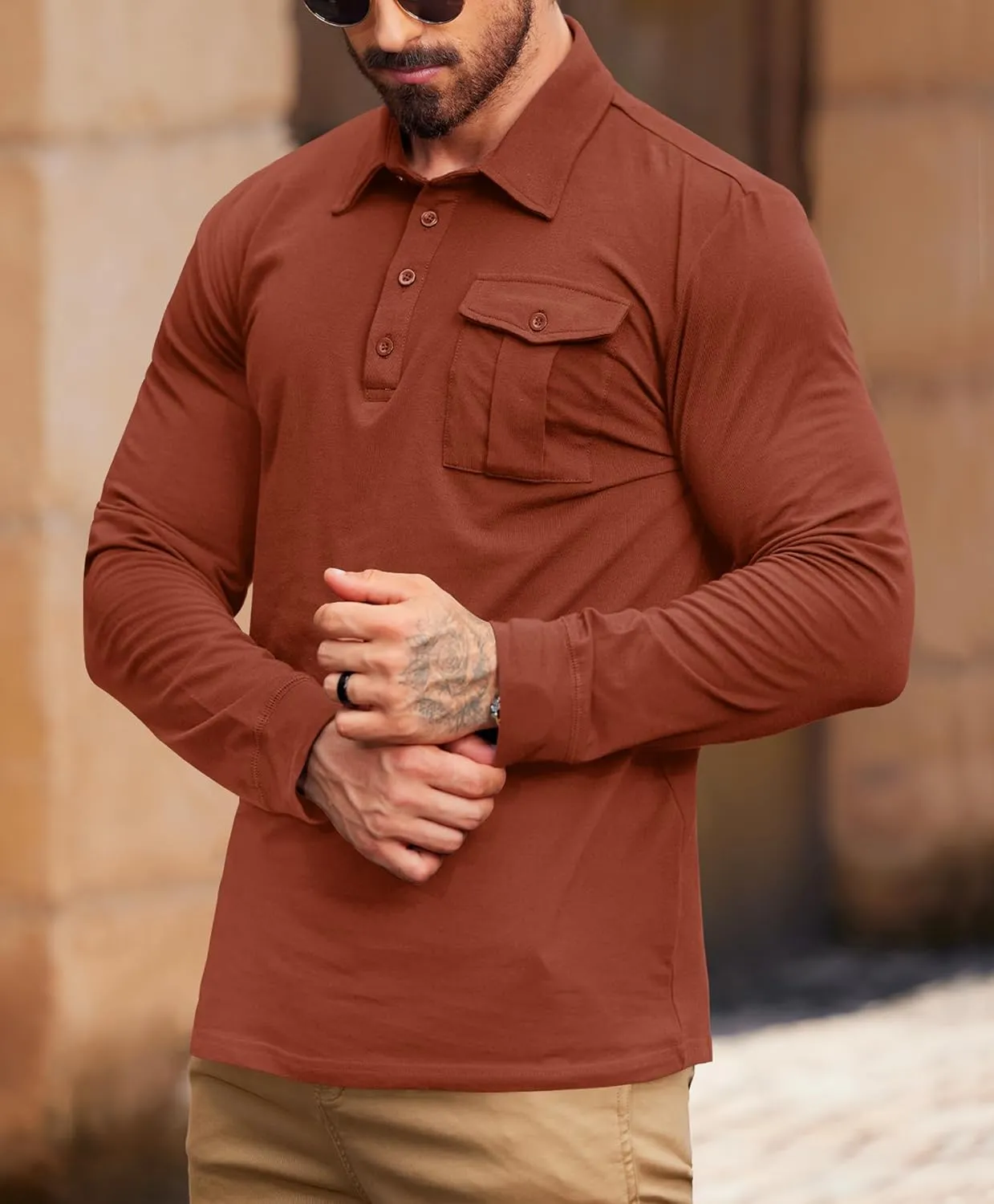 Mens Polo Shirt Cotton Collared Long Sleeve with Pocket Classic Solid Color Button Shirts (S-XXL)
