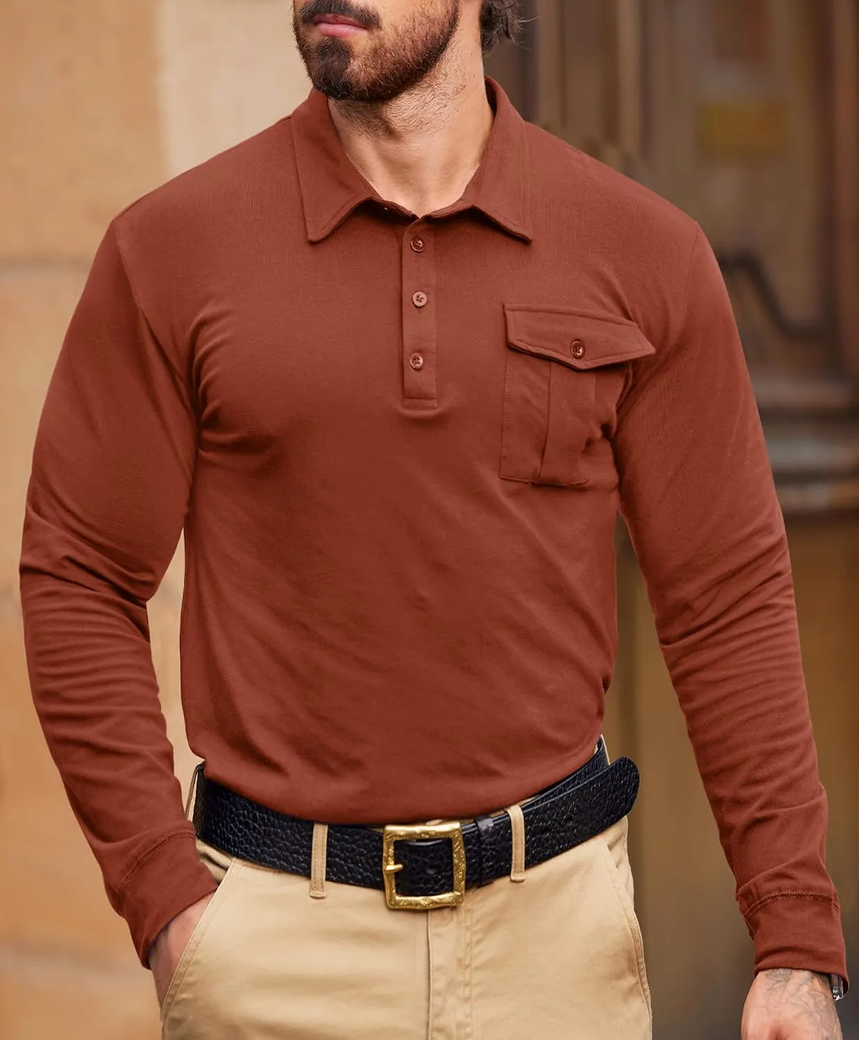 Mens Polo Shirt Cotton Collared Long Sleeve with Pocket Classic Solid Color Button Shirts (S-XXL)