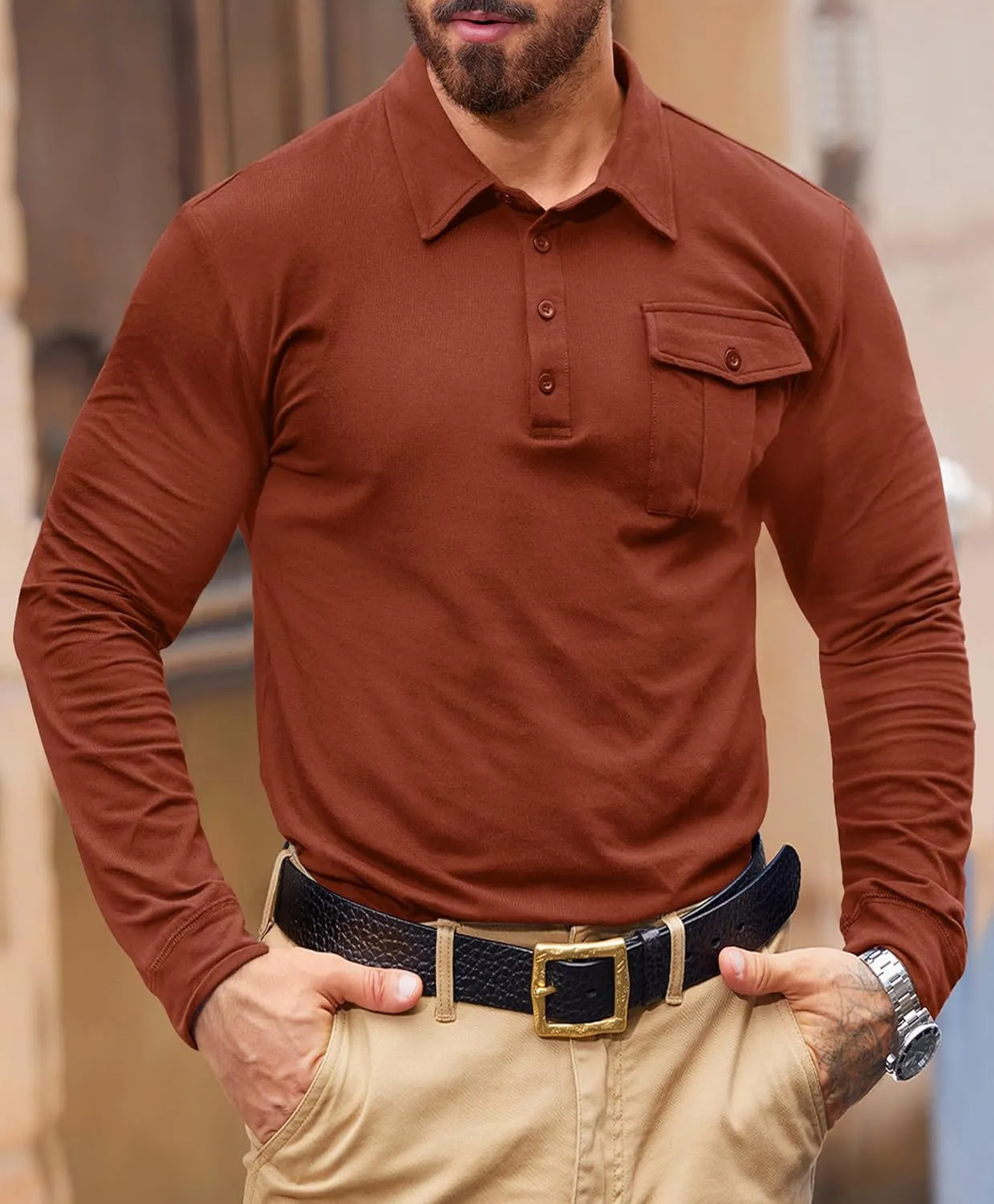 Mens Polo Shirt Cotton Collared Long Sleeve with Pocket Classic Solid Color Button Shirts (S-XXL)