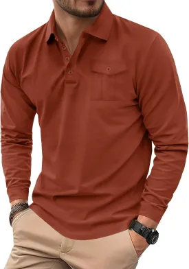 Mens Polo Shirt Cotton Collared Long Sleeve with Pocket Classic Solid Color Button Shirts (S-XXL)