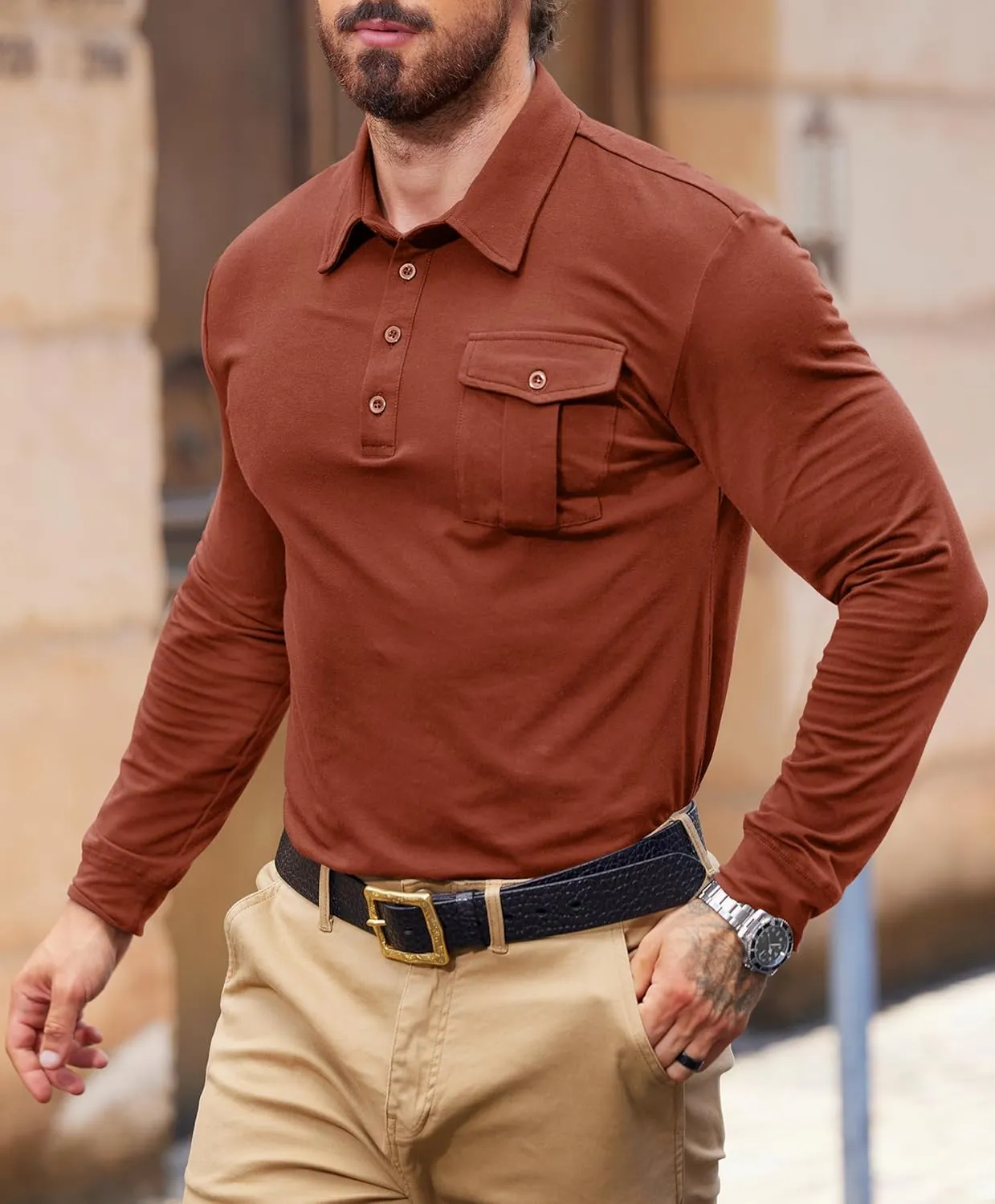 Mens Polo Shirt Cotton Collared Long Sleeve with Pocket Classic Solid Color Button Shirts (S-XXL)
