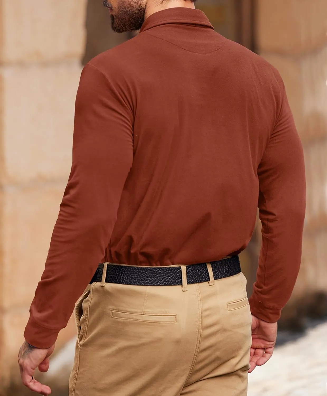 Mens Polo Shirt Cotton Collared Long Sleeve with Pocket Classic Solid Color Button Shirts (S-XXL)