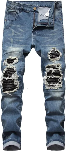 Men's Ripped Skinny Stretch Jeans Vintage Distressed Straight Leg Denim Pants Regular Fit Destroyed Jean Trousers