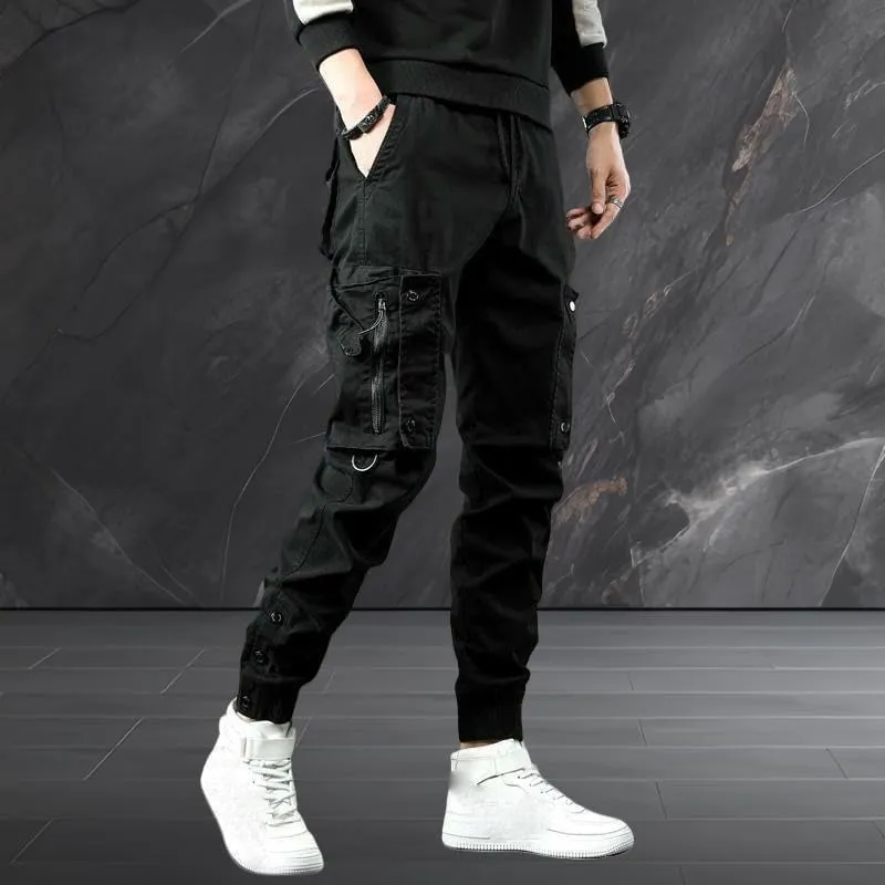 Men's Spring Autumn Slim Fit Cuffed Hem Stylish Multi-Pocket American Style Black Cargo Pants Skinny Leg